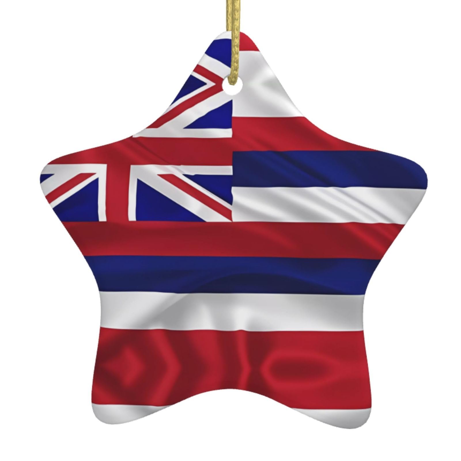 Flag of Hawaii American Christmas Ceramic Star Pendant with Punched Holes and Gold Wire Rope, Christmas Tree Home Decoration