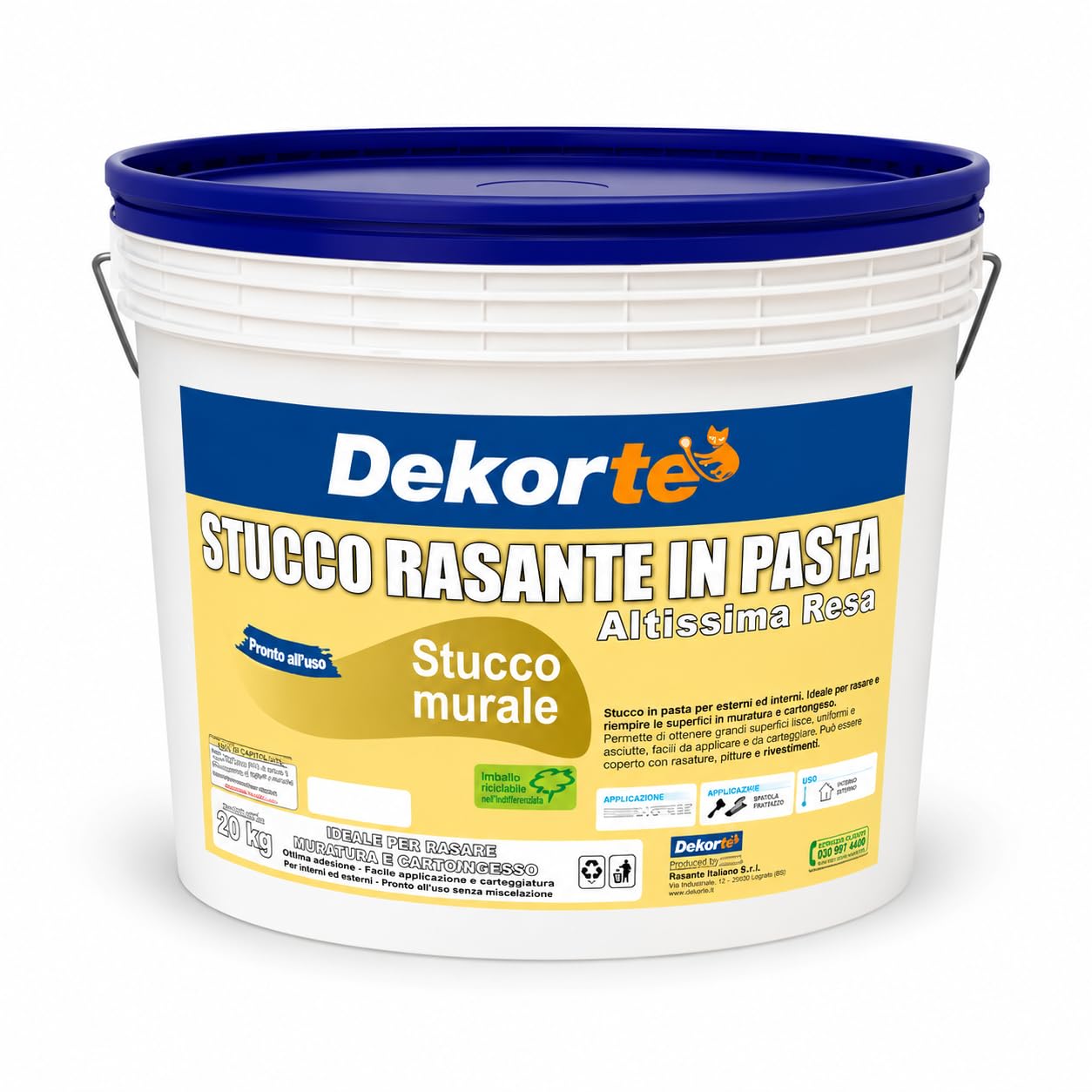 GDM 600016609800820-Stucco Rasante In Pasta, Ideale Per Rasatura Di Pareti Interne, Dekortè, Colore: Bianco, 20 kg
