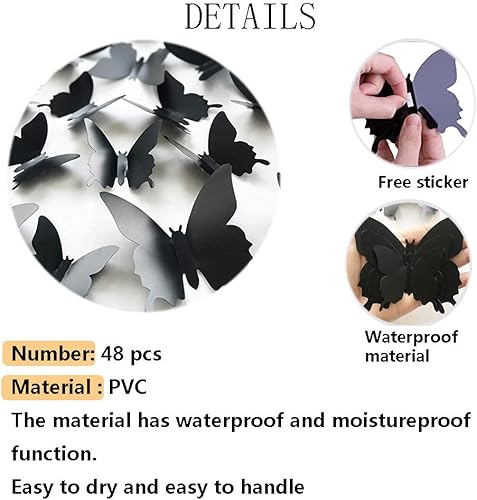 Miniatura 4 de Decoración de pared de mariposa 3D, 48 calcomanías murales extraíbles para decoración del hogar y la habitación (negro)