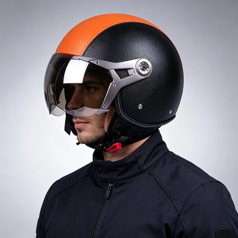 Casco Jet Classic Vintage in Pelle Con Visiera, ECE 22.06 Omologato, Per Donna Uomo Scooter Chop Ciclomotore Retrò Pilota di Moto a Mezza Calotta (57-62cm)