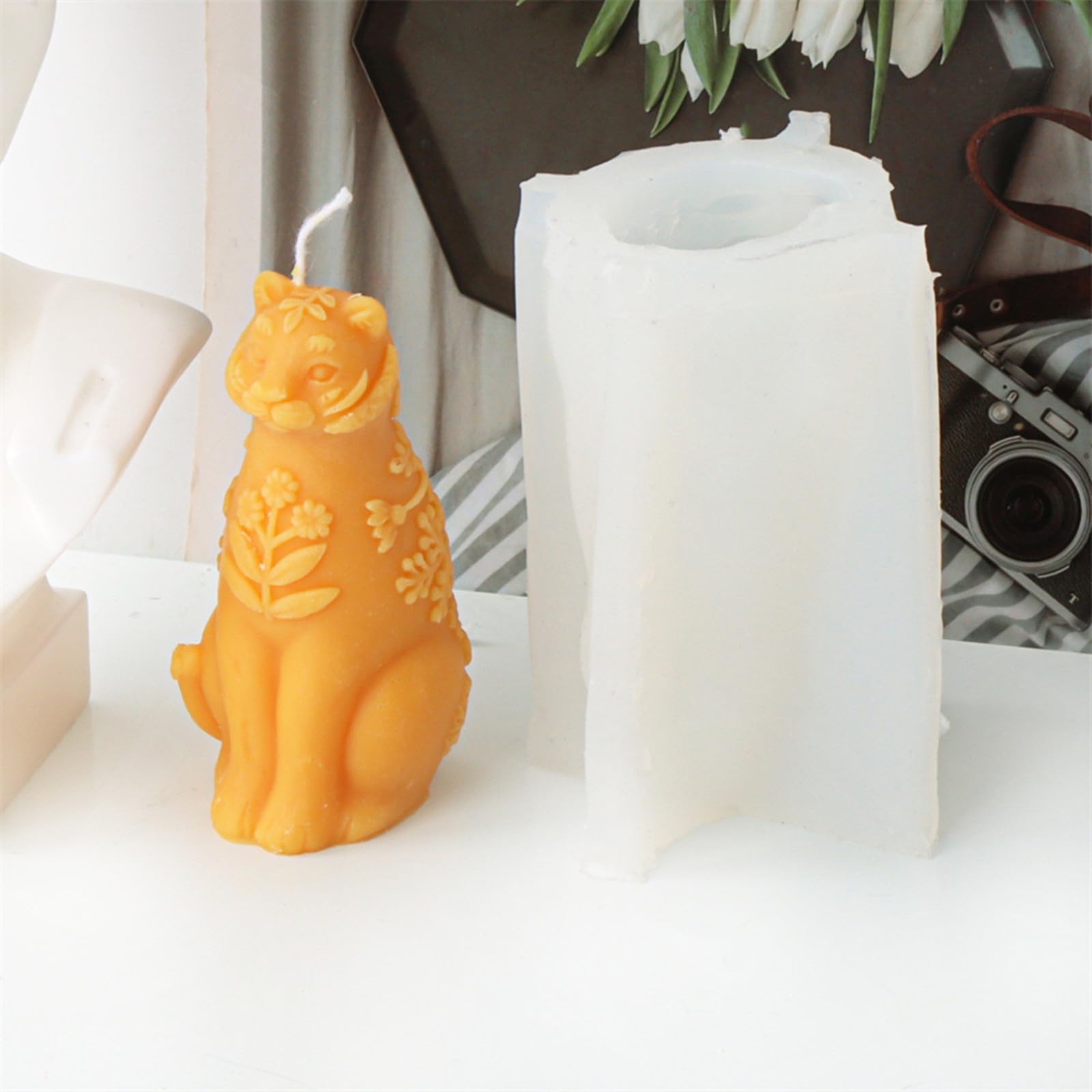Xidmold Relief Flower Leaf Animal Candle Mold, 3D Tiger Silicone Mold for Fondant, Chocolate, Soy Wax Candle, Plaster, Epoxy Resin Casting, DIY Crafts (Tiger)