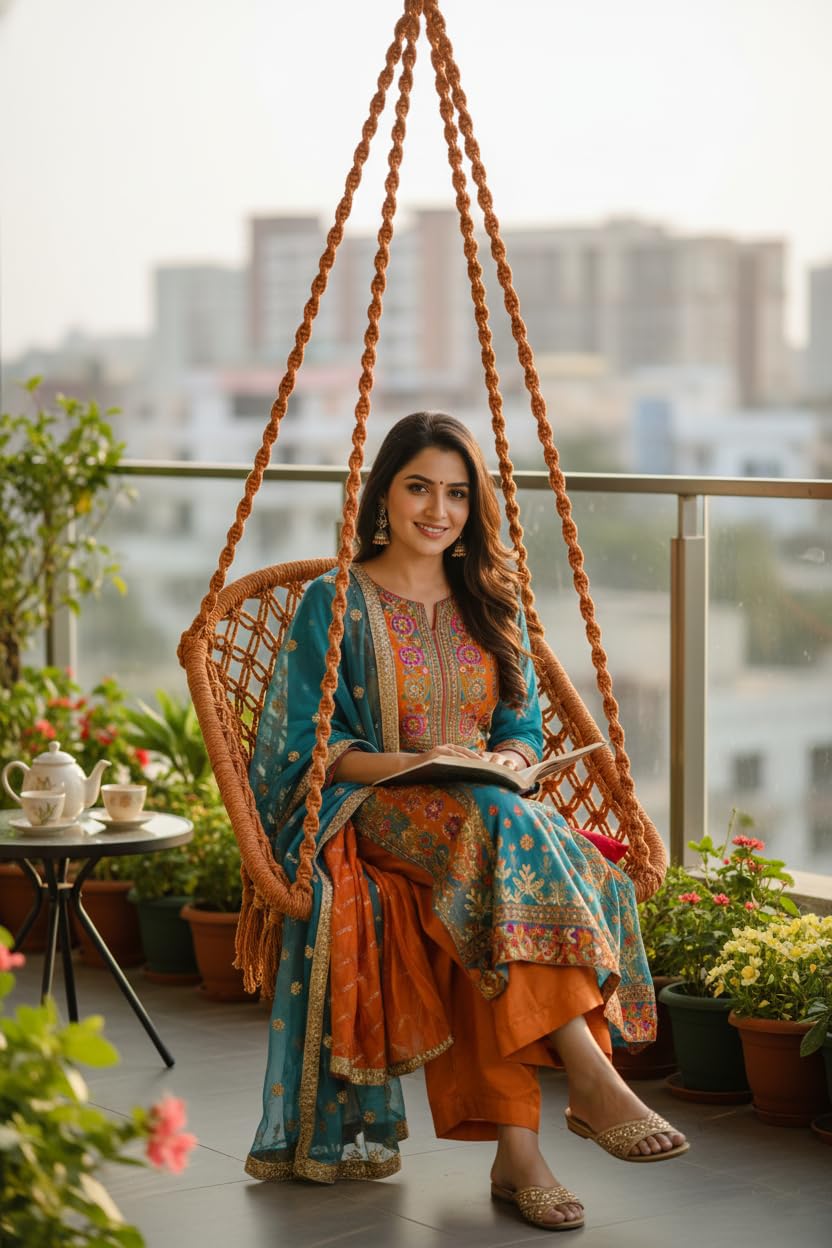 Patiofy Swing for Adults & Kids/Swing for Balcony/Swing Chair for Adults for Home/Cotton D Shape Wooden Swing/Jhula for Adults/Jhoola/Swing for Indoor/Includes Hanging Kit & Red Cushion (Brown)