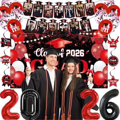 Image of Holkcog 2026 Graduation Decorations, Black Red Class of 2026 Congrats Graduation Backdrop, Balloons, Honeycomb ornament for Graduation Party Decorations, Outdoor Indoor Grad Party Decor Supply