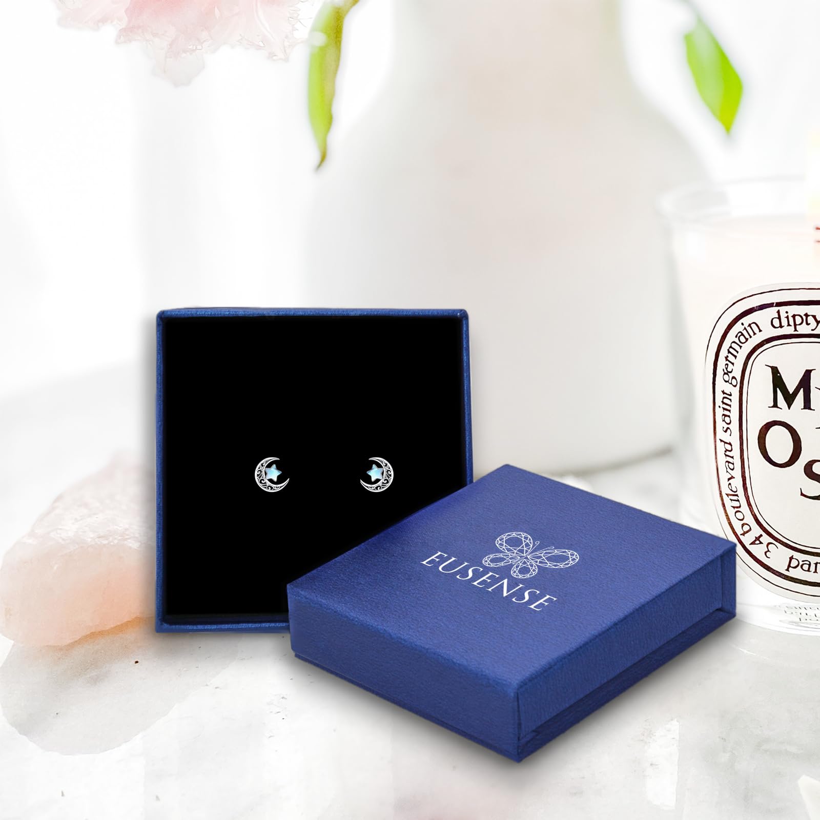 Eusense Pendientes de Moonstone/Pendientes de Luna/Pendientes de árbol de la Vida/Pendientes de Luna y Estrella/Pendientes de Filigree Drop 925 Pendientes de Perno de Plata Esterlina joyas de Mujer