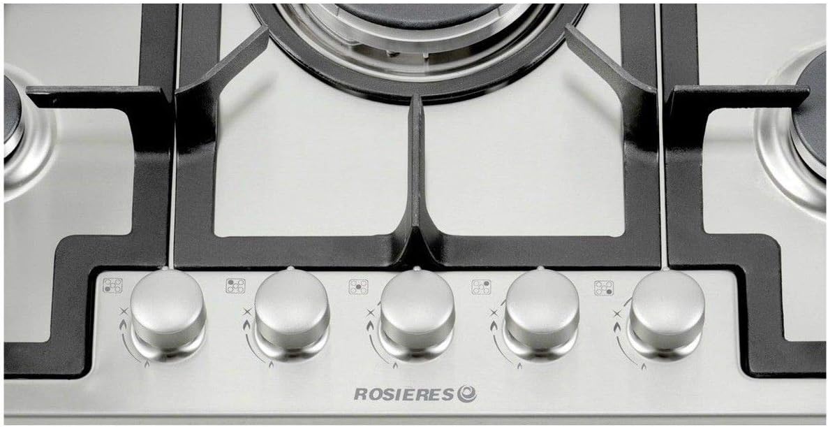 Close-up of the control knobs and Rosieres branding on the gas hob.