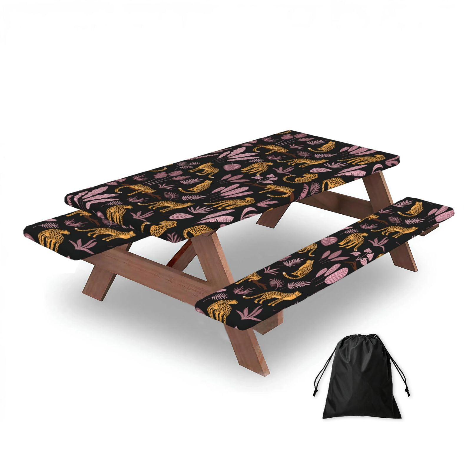 Leopard Tropical Pattern, Picnic Table Cover With Bench Covers -Waterproof Elastic Fitted Tablecloth for Garden Camping Patio 76x152cm