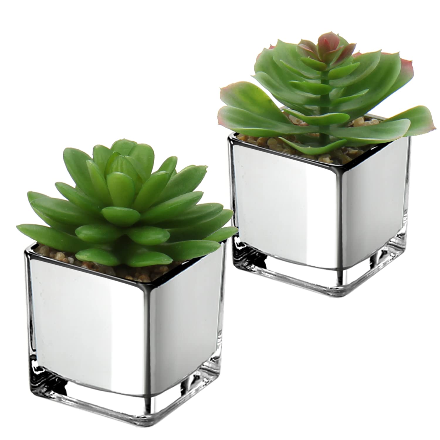 Briful Mini Artificial Succulent Plants, Set of 2 Faux Succulents in Galvanized Glass Pot Modern Fake Plants Plastic Succulents for Centerpiece Bathroom Shelf Bedroom Decor