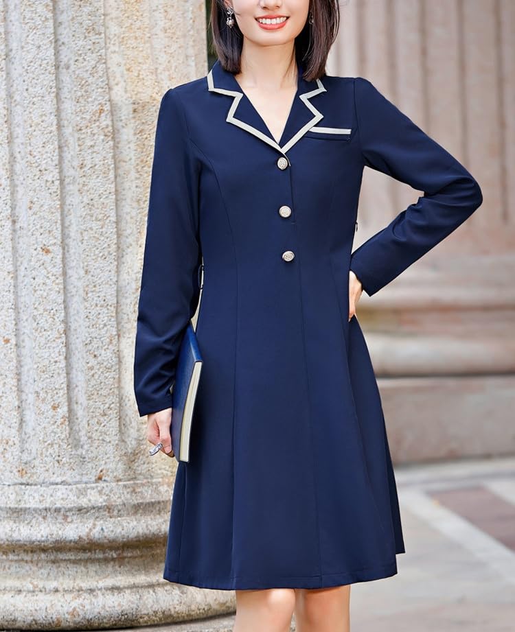 Vestido Elegante De Verano para Mujer, De Manga Larga, hasta La Rodilla, con Solapa con Muescas y Botones, con Cinturón, para Oficina, para Estar En Casa, Formal, para Profesores, Ropa De Trabajo