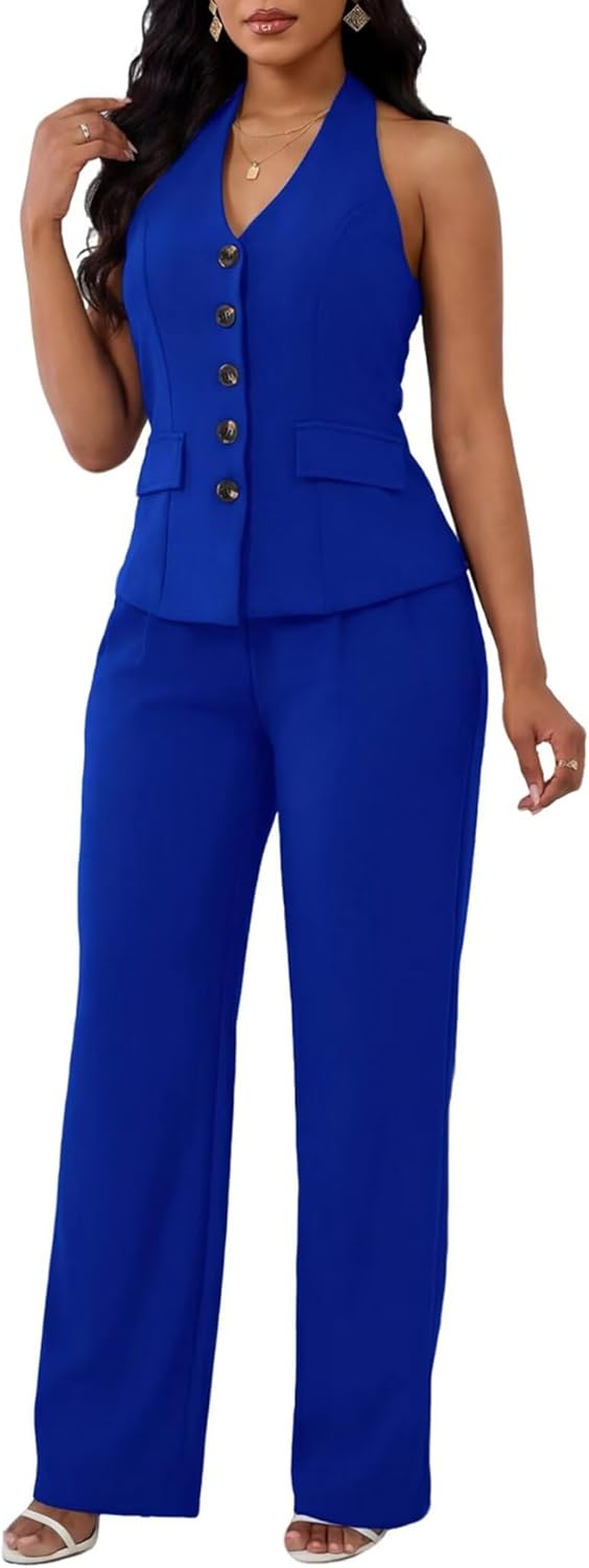 Kafiloe Women Suits 2 Piece Set Halter Sleeveless Blazer Vest Straight Pant Suits Dressy Business Casual Outfits