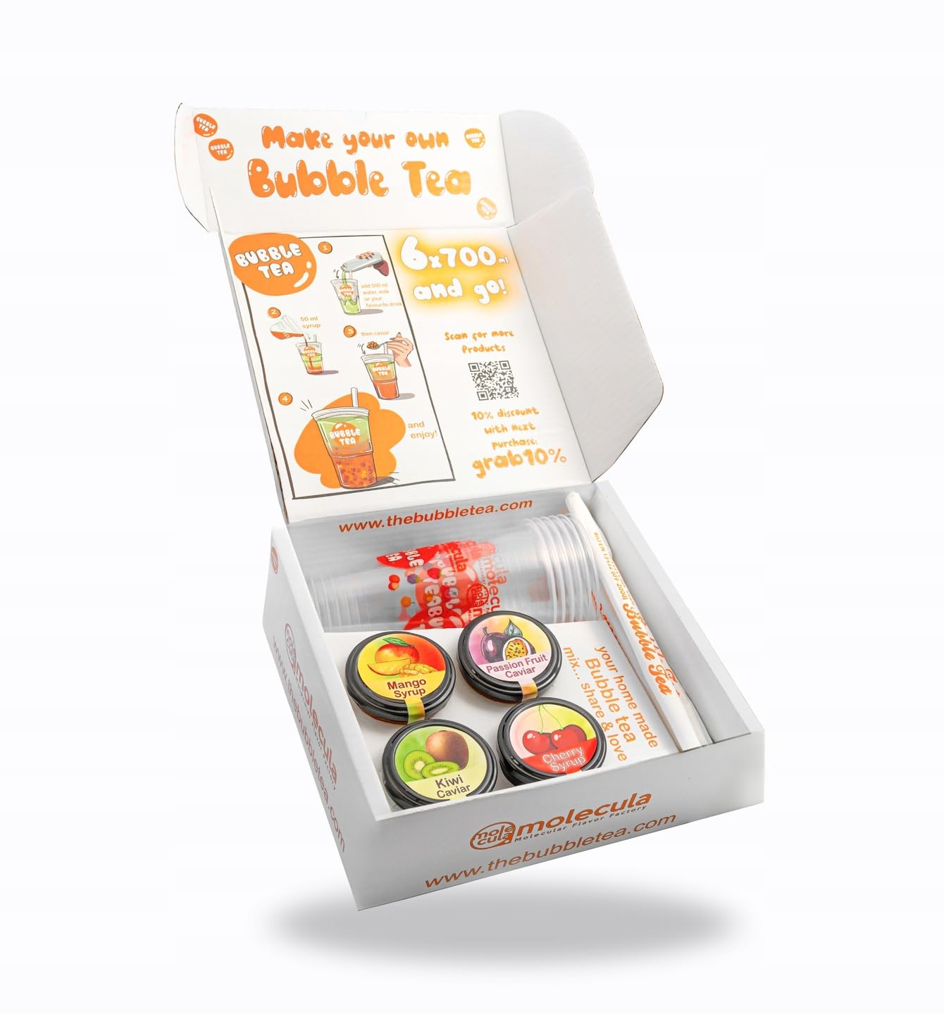 Grab&Go Set für 6x700ml fertigen Bubble Tea | 2x Molecularer Kaviar und 2x Sirup für Bubble Tea | Heidelbeere und Stachelbeere sowie Sirupe mit Zitronen- und Erdbeergeschmack