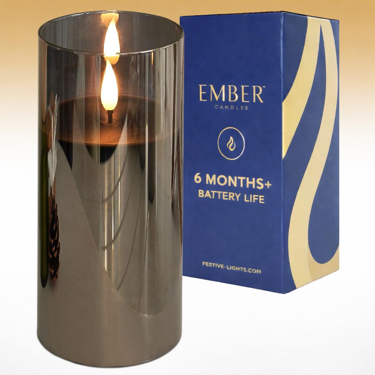 Ember Candlesβ’ 17.5cm Hurricane Smoked Glass Black LED Flickering Battery Candle β 100% Real Wax, Ultra-Realistic, Flameless, Hand-Poured Design, 6-Hour Timer for Indoor Use (Without Remote Control)