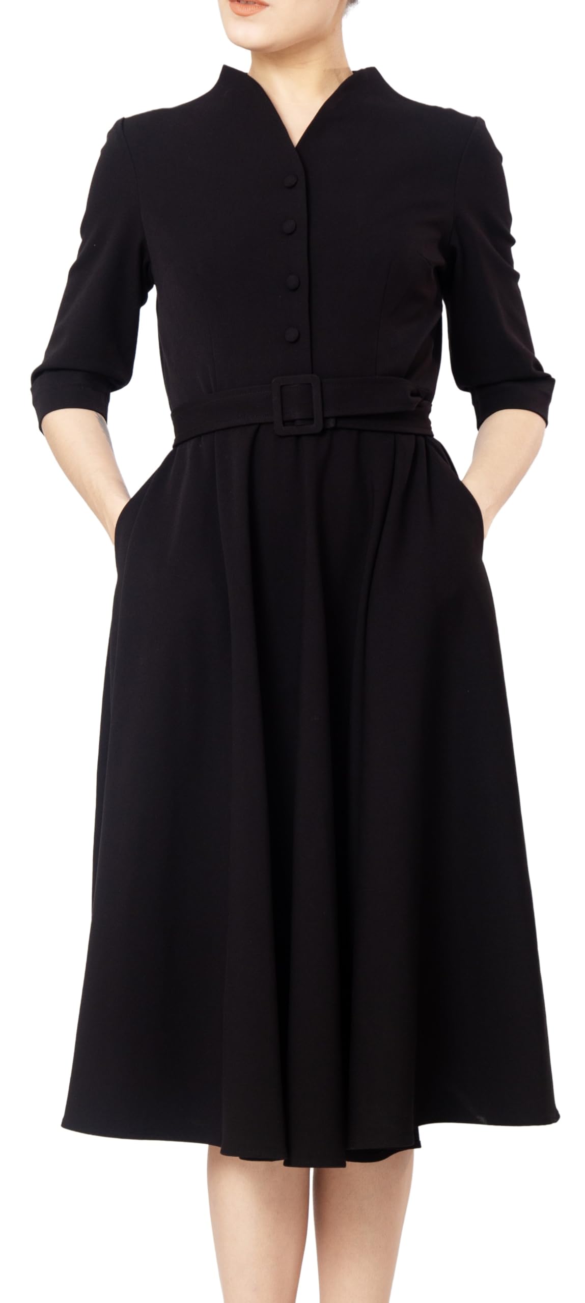 Vestido Midi Fit & Flare Tea con Botones Frontales para Mujer, Ideal para Oficina y Trabajo