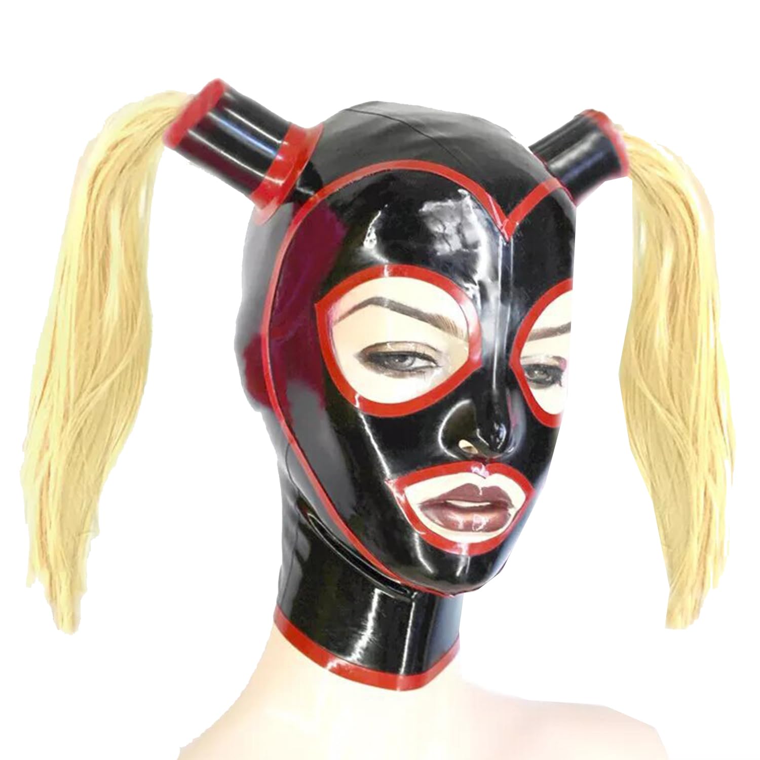 WXLPCGO Latex Hood Double Ponytail Full Face Mask Exposed Eyes and Mouth Handmade for Couples' Gift Unisex(Size:XL-70CM)