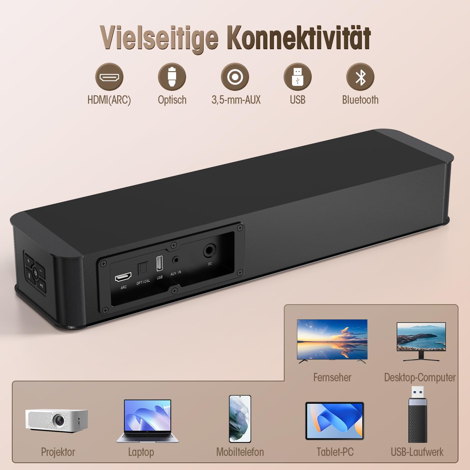 BESTISAN Soundbar für tv, 2.1 Soundbar mit HDMI eARC, AUX, optischem Eingang, USB-Wiedergabe für PC/Gaming/Projektoren, 16,5 Zoll