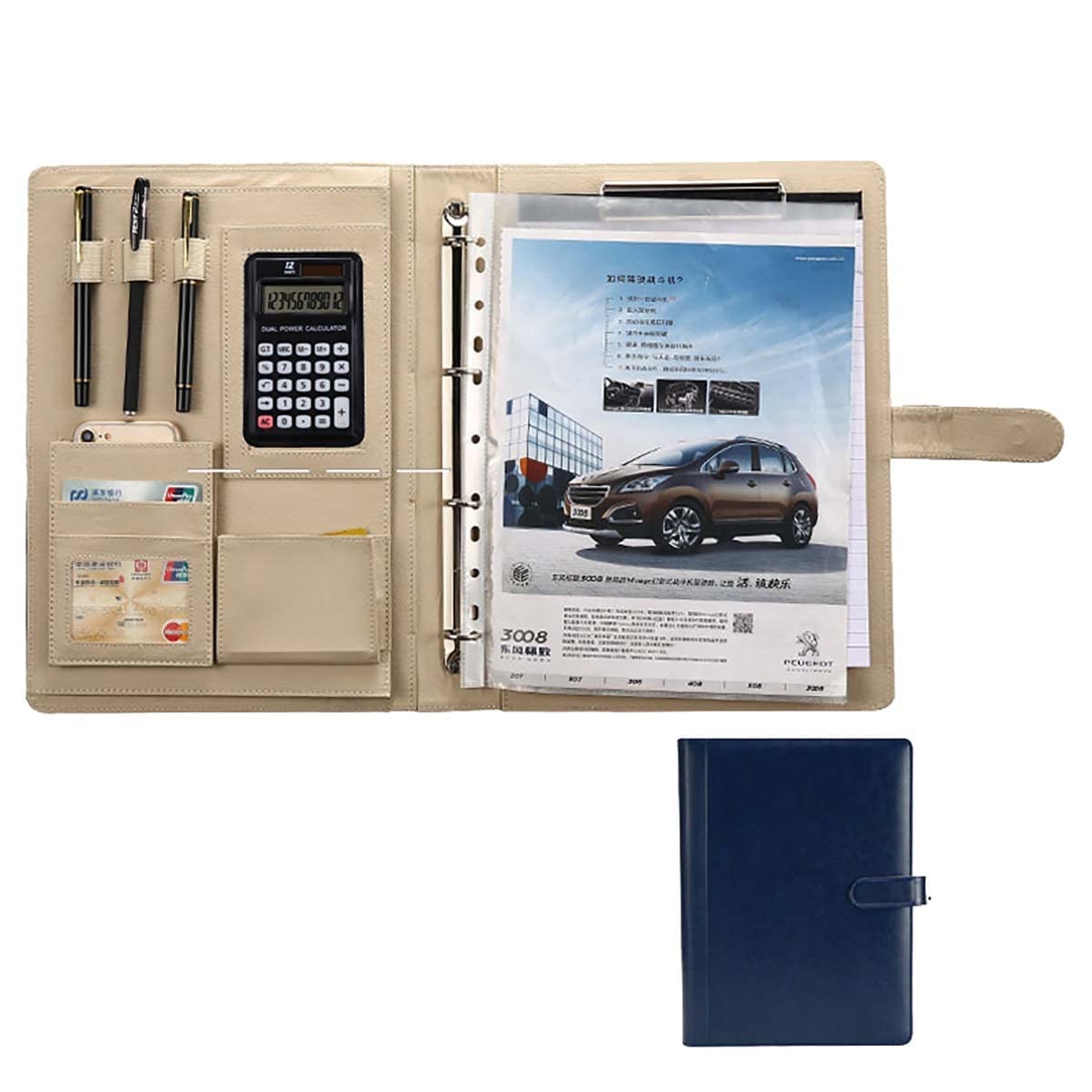 Classeur à Pochettes A4, classeur en Similicuir A4 avec Calculatrice et Bloc-Notes - Multicolore, Bleu,Blue