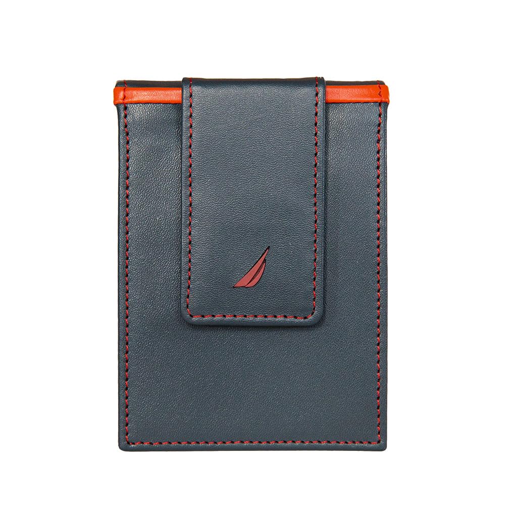Nautica Men's Genuine Leather Front Pocket RFID Wallet (Available in Smooth or Pebble Grain), Pop Color - Navy/Red, One Size