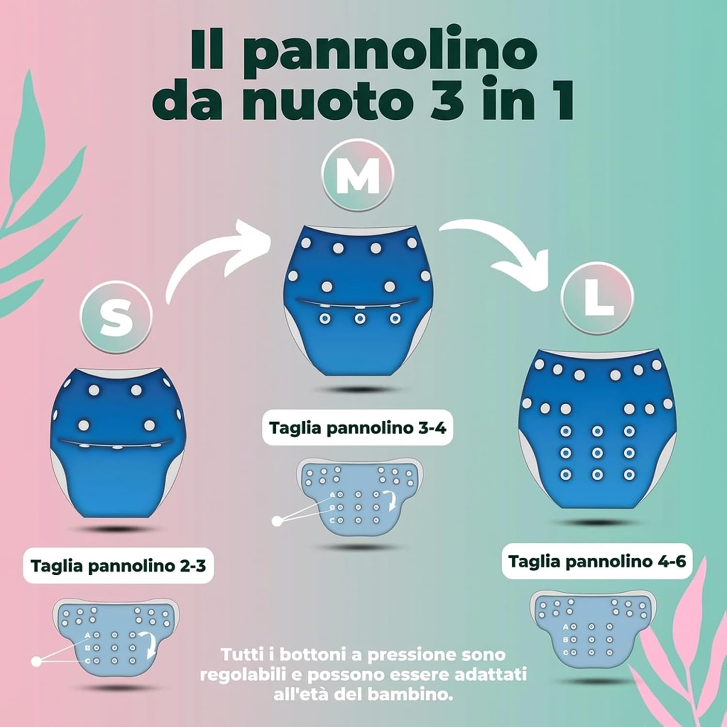 KIDVERSE Pannolini Acquatici Baby Costume da Bagno 0-3 Anni – Pannolino Piscina Neonato Regolabile con Borsa e Rete