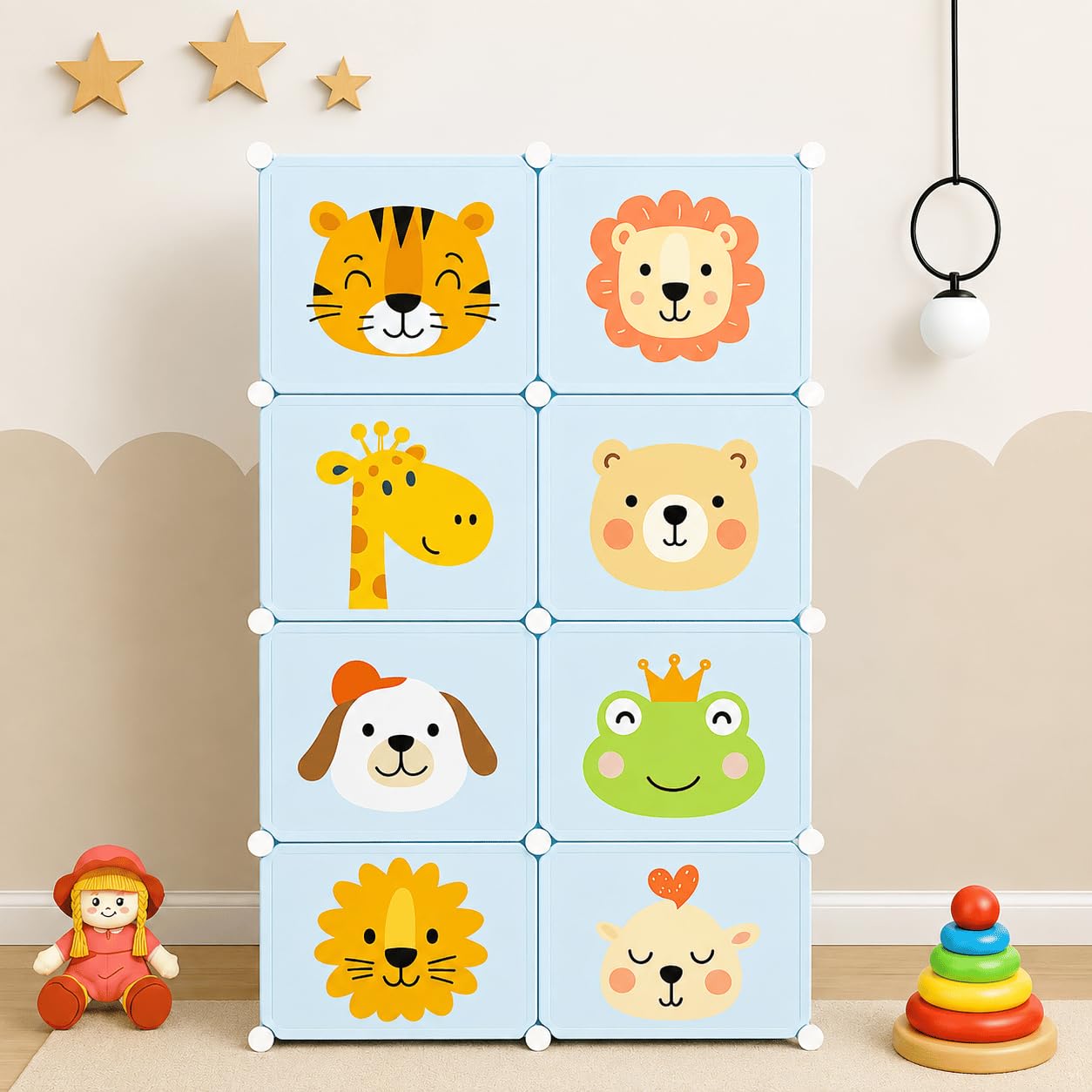 Little Olive Animal Friendly Wardrobe | 8 Cube Modular Plastic Storage Cabinet for Kids | Blue Matte Toy and Clothes Organizer Unit | Lightweight Children Bedroom Furniture-picture-23