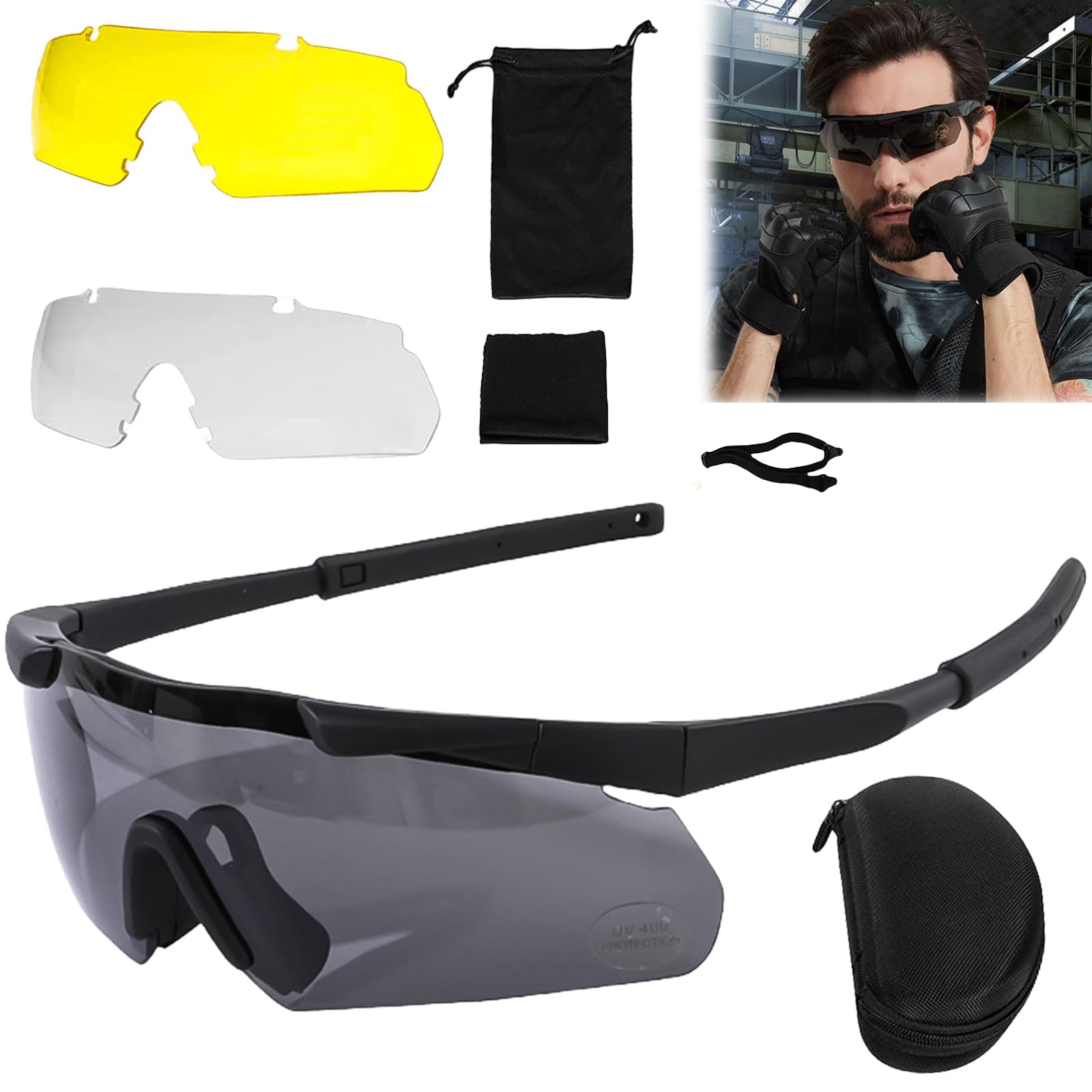 Aicharynic Gafas de tiro con 3 lentes intercambiables, gafas de protección con lentes transparentes antivaho y resistentes a los arañazos, ajustables, resistentes a los golpes, protección láser