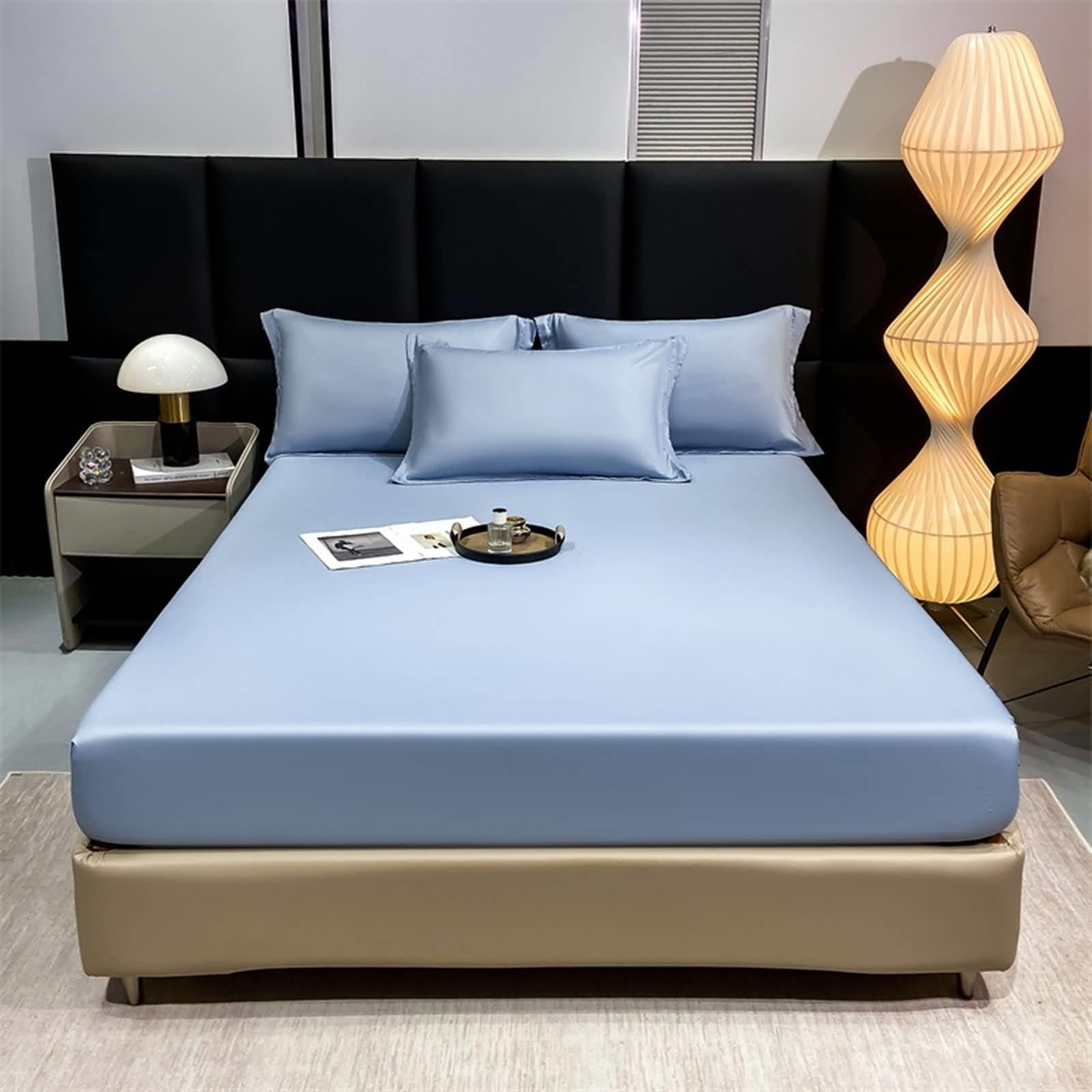 Drap Housse 120x200cm - Bonnet 20cm - Bleu - Draps Housses Satin - Drap de Lit Couleur Unie