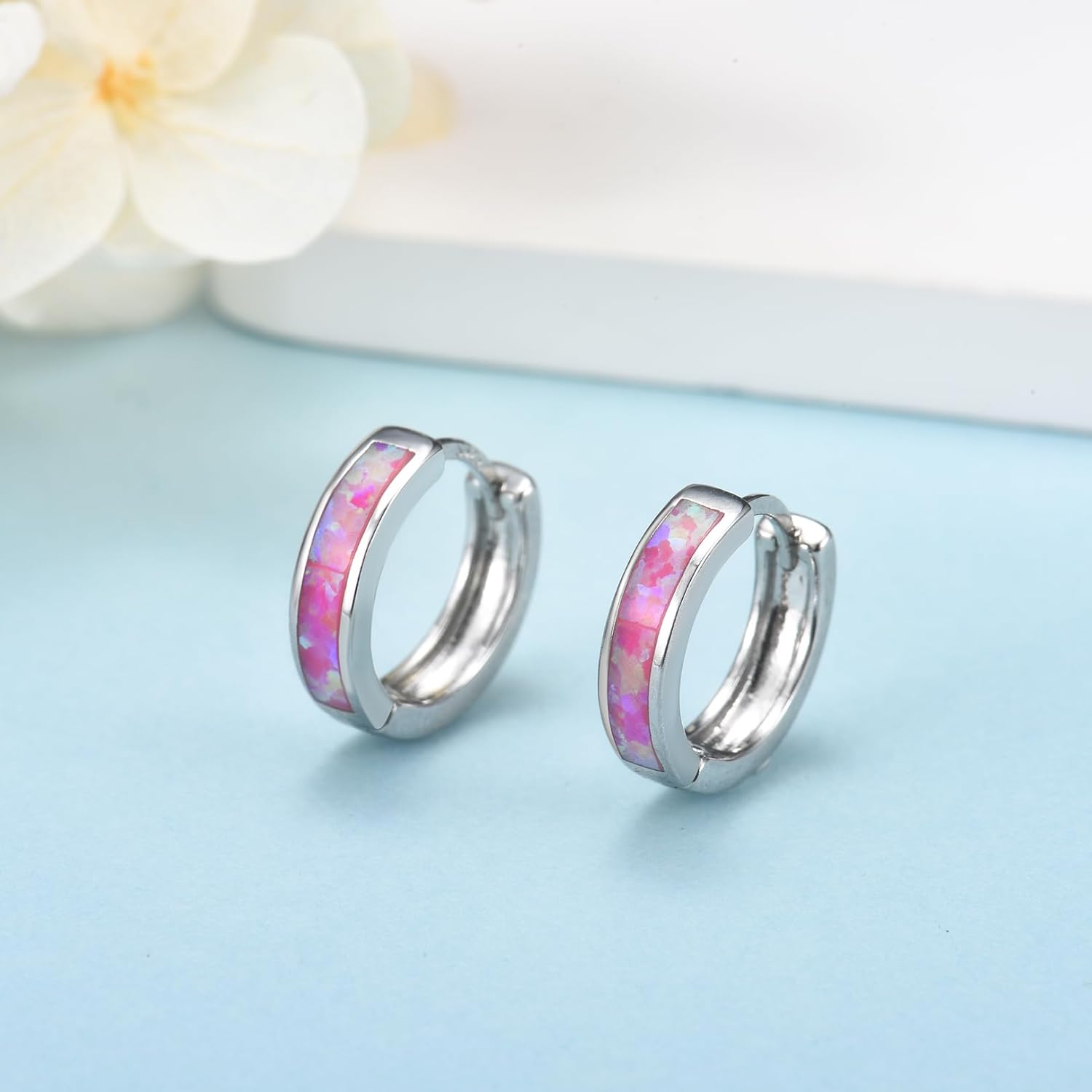 CERSLIMO Opal Hoop Earrings for Women | Small S925 Sterling Silver Post Lab-created Fire Opal Huggie Earrings Hypoallergenic Jewelry Gifts - Image 5