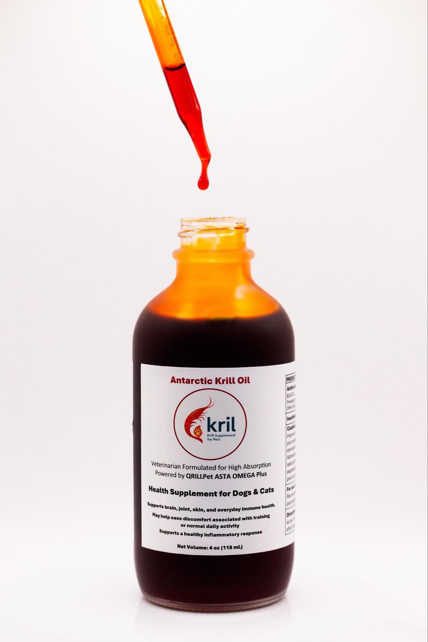 kril™ Antarctic Krill Oil Health Supplement for Dogs & Cats 4oz Liquid with QRILLPet ASTA Omega Plus, High Absorption Formula for Dogs and Cats, Joint