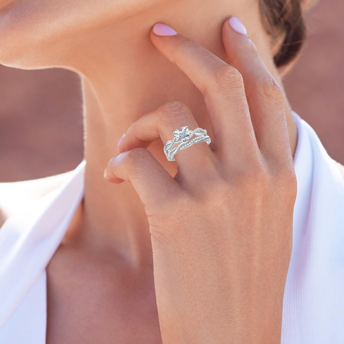 Heart Wedding Ring Set for Women 1-1/2 Carat(ctw) Moissanite Bridal Sets Wedding Rings Heart Sahped Twiseted Engagement Ring Set 925 Sterling Silver 10K 14K 18K Gold