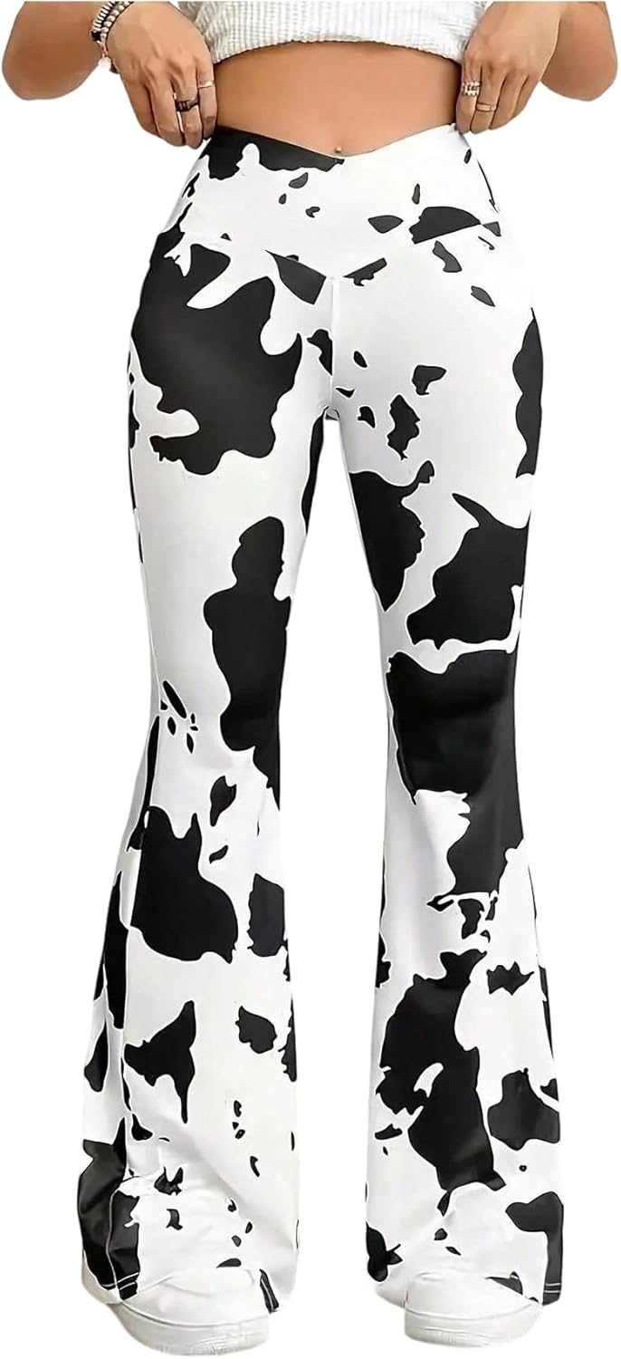 Floerns Women's Plus Size Cow Print Flared Pants Crossover High Waisted Bell Bottoms Trousers