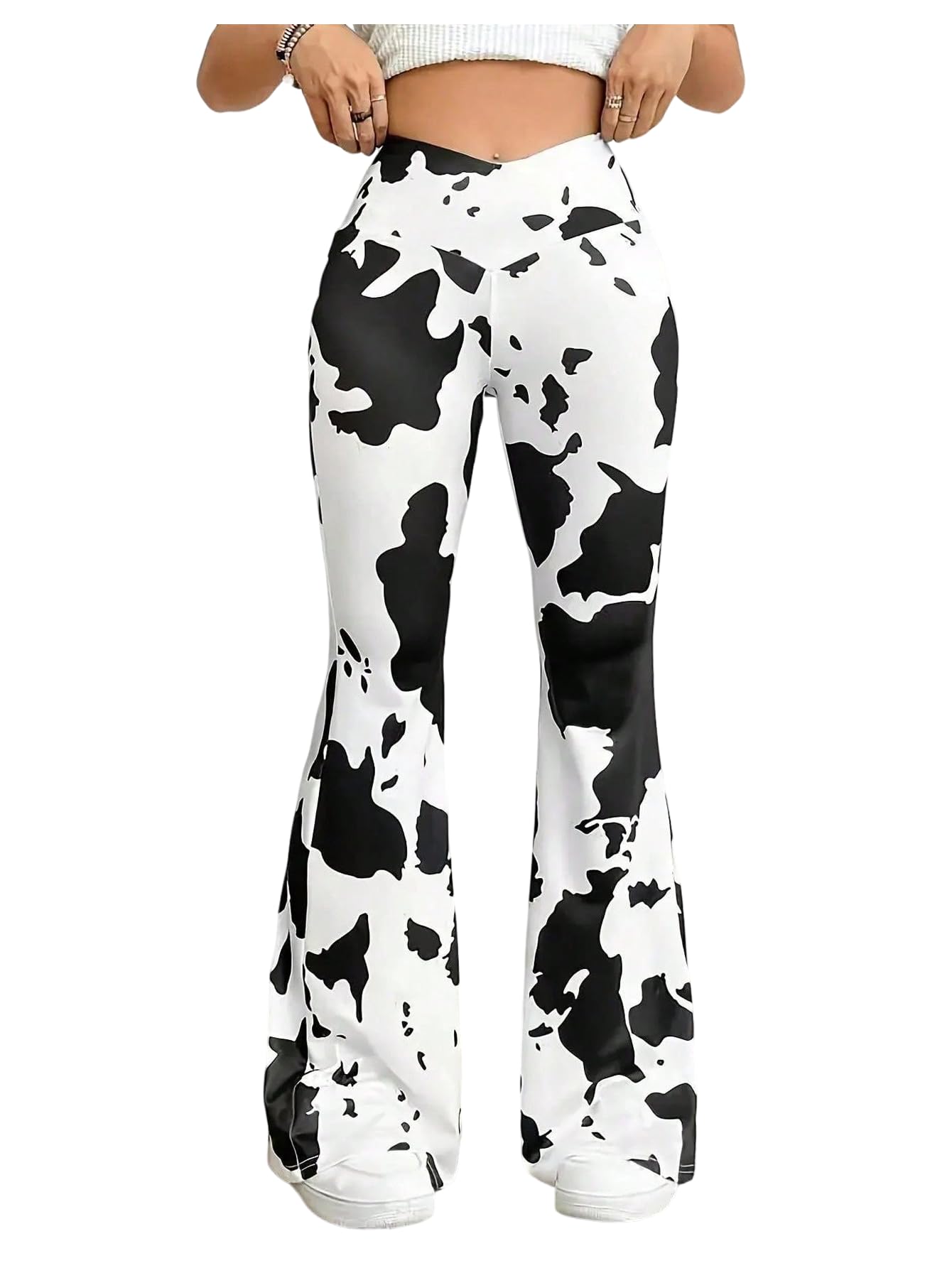 Floerns Womens Plus Size Cow Print Flared Pants Crossover High Waisted Bell Bottoms Trousers