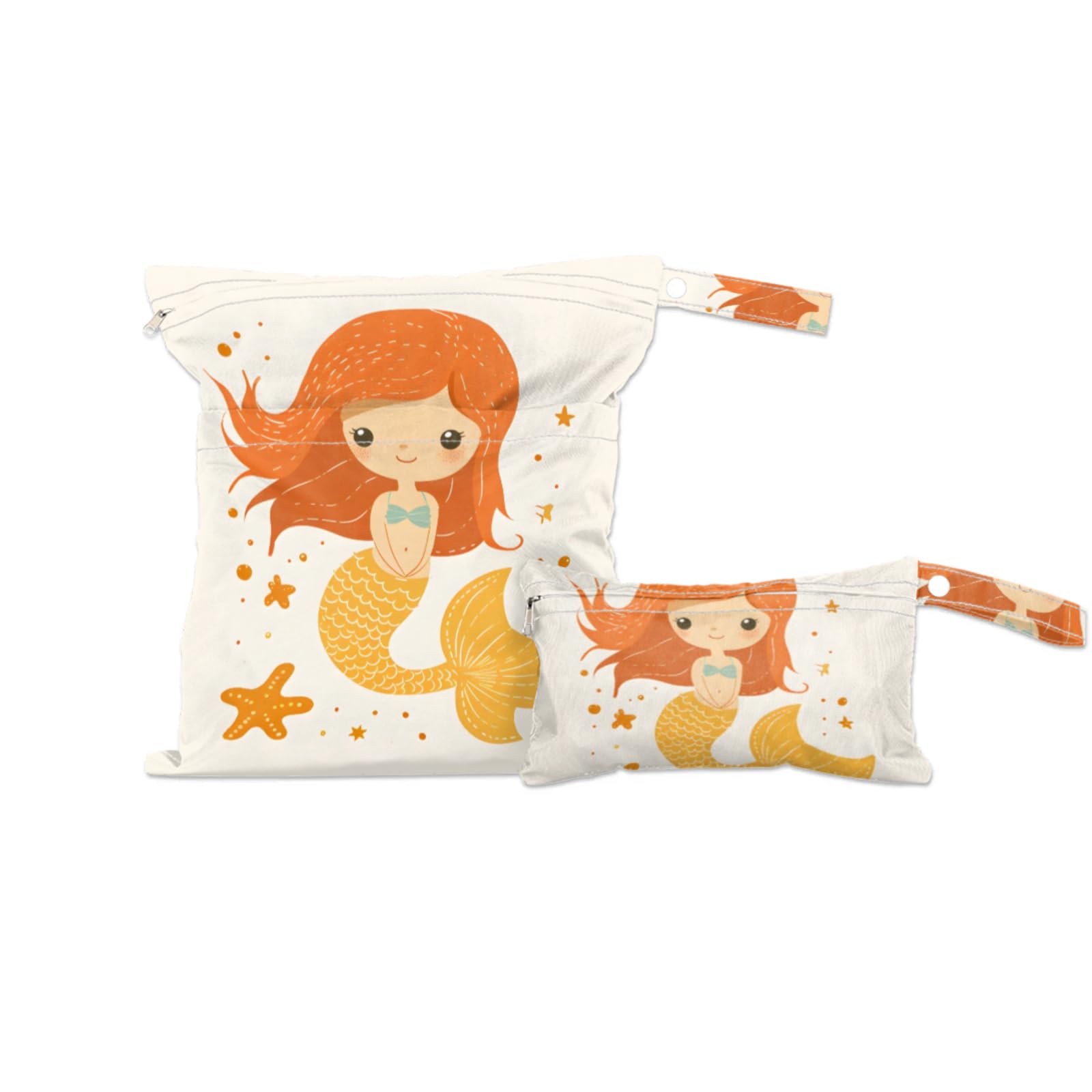 GzLeyigou 2 Set Orange Mermaids Wet Dry Bags for Baby Cloth Diapers Waterproof Reusable Storage Bag for Travel,Beach,Pool,Daycare,Stroller,Gym,Laundry,Dirty Clothes,Swimsuits Wet Clothes, Wet Bag