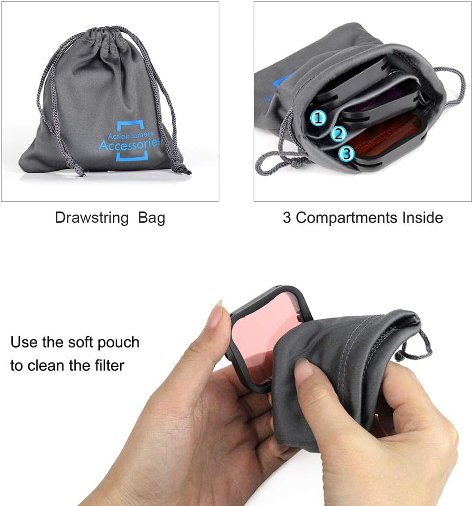 Underwater Camera Dive Filters for GoPro Hero 5, 6 and 7 Black Super Suit Waterproof Housing Case in Red, Light Red, and Magenta, Professional Color Correcting Photography Accessory