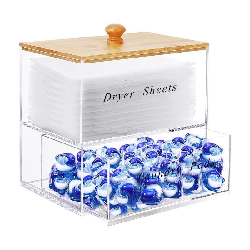 Qivine 2-Tier Acrylic Dryer Sheet Container with Drawer & Lid, Dryer Sheet Holder with Non-slip Pad, Clear Laundry Washing Storage Dispenser for Laundry Room/Dryer Balls/Clothes Pins