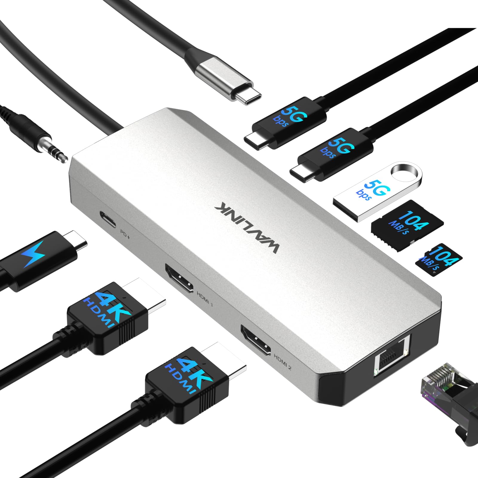 WAVLINK Station d'accueil USB C 10-en-1 pour ordinateur portable, double HDMI 4K@60Hz, ports USB A/C 3.0, emplacements SD/TF, charge PD 100W, Ethernet Gigabit, port audio, compatible with Dell/HP