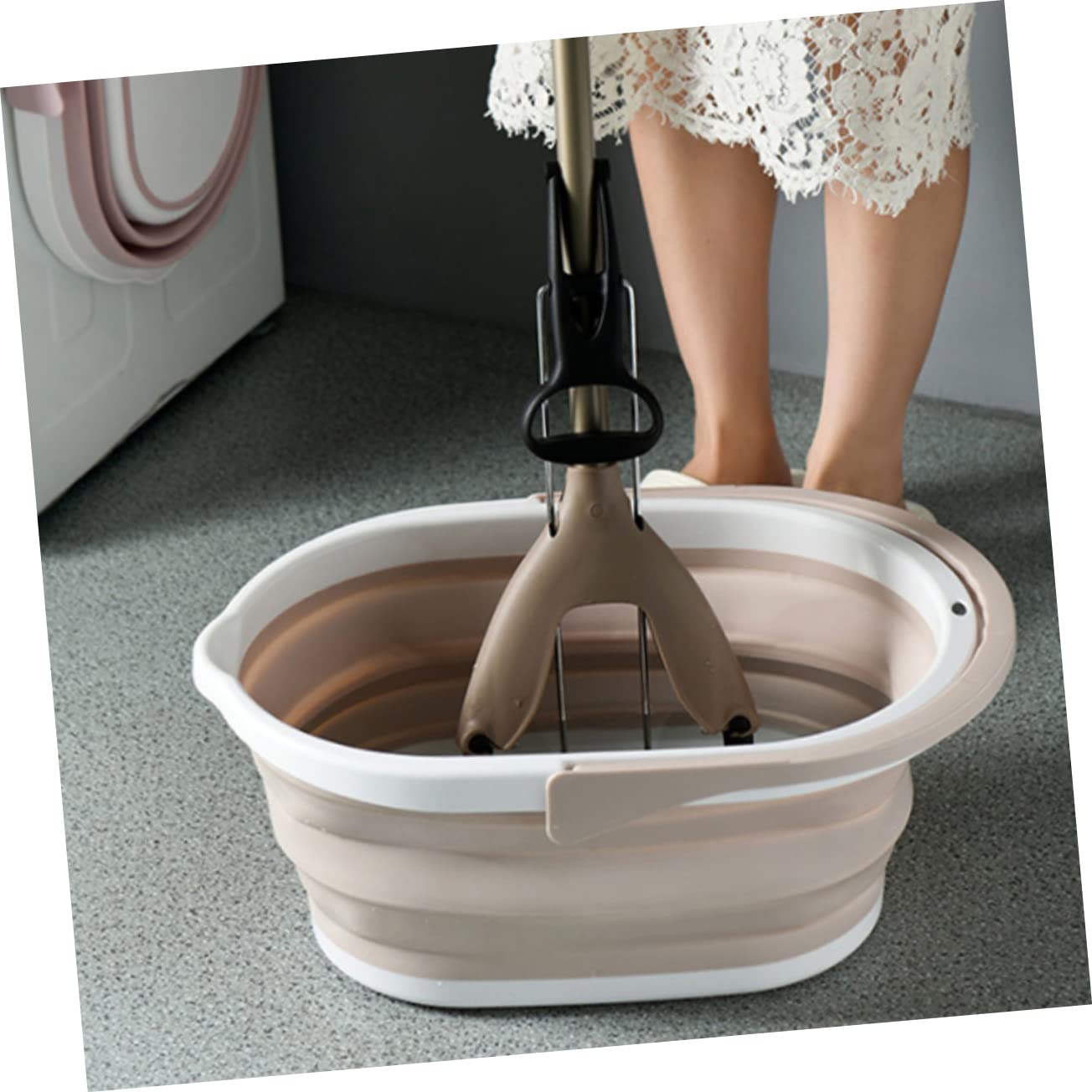 Cubo Fregona Plegable de Plástico PP Beige, Portátil para Limpieza