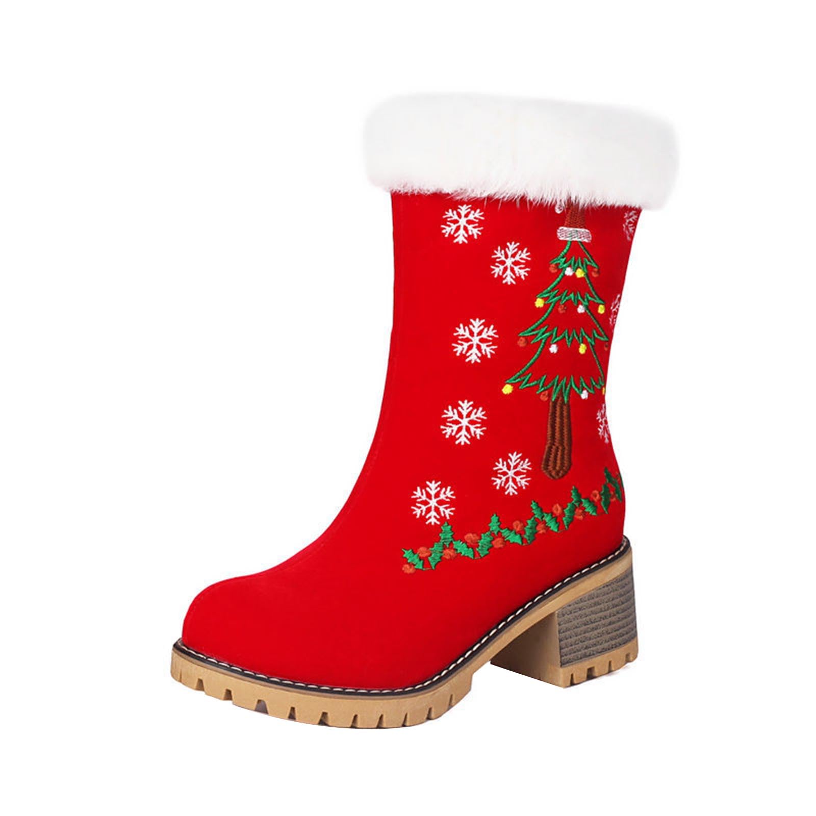 Ladies Christmas Tree Motif Boots with Chunky Heel and Round Toe for Winter Fashion
