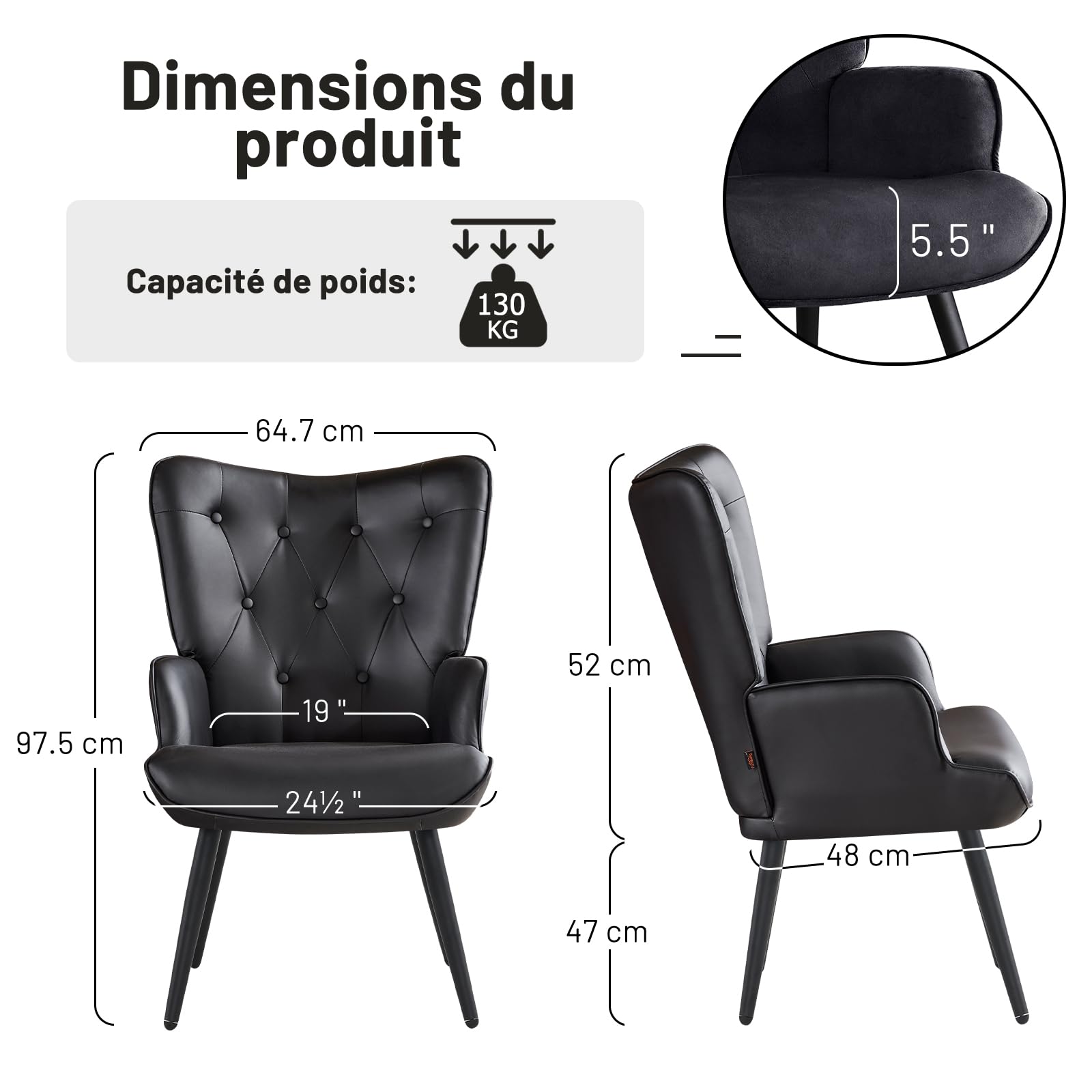 Set di 2 Poltrona Salotto, Poltrona Camera da Letto Poltrone Scandinava Relax in Finta Pelle con Braccioli, Poltrone Imbottita in Velluto con Schienale Alto per Camera da Letto Soggiorno, Nero