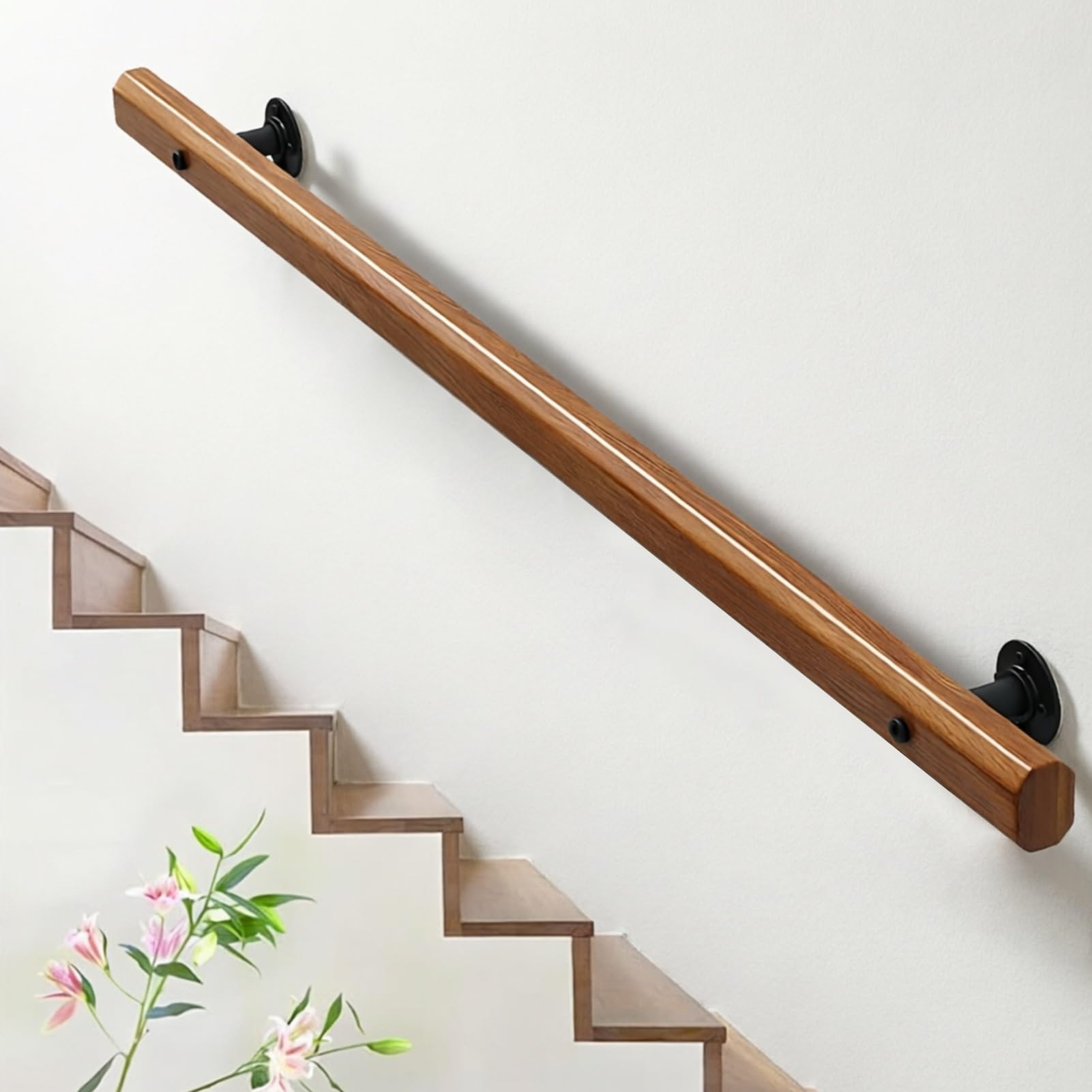 DMCHENGMA Anti-Slip Wooden Handrail for Stairs - Complete Kit with Metal Base, Barrier-Free Support Rod for Home, Hospital & Corridor(12ft/360cm)