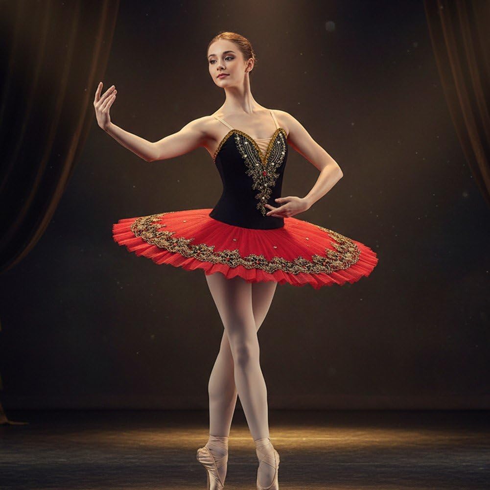 Ballett- Für Damen, Rot/schwarz, Schwanensee-ballettkostüm, Bestickt, Pailletten-, Tanzkleidung Für Mädchen