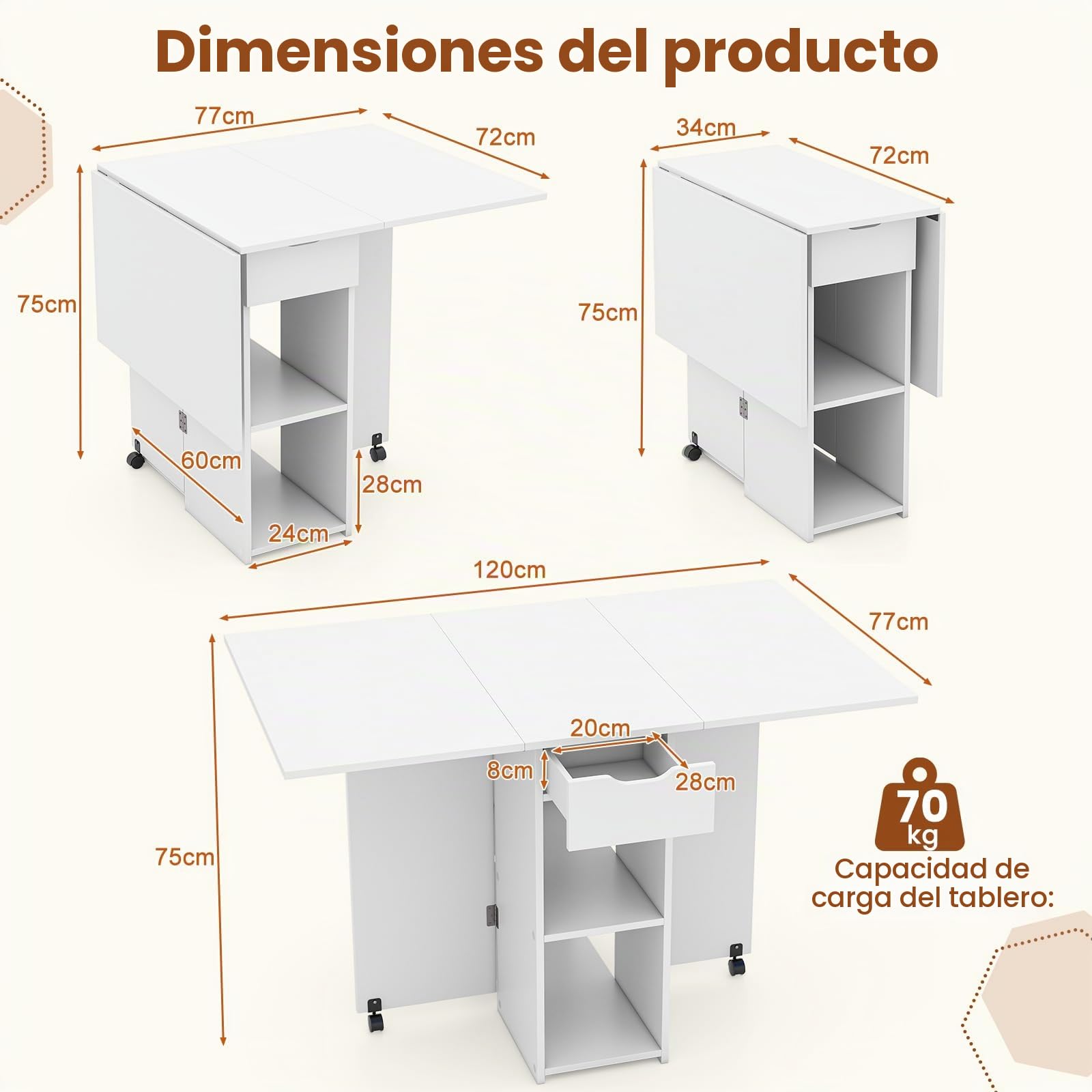 RELAX4LIFE 4 en 1 Mesa de Comedor Extensible con Puertas Abatibles y 2 Ruedas Universales para 4-6 Personas, Mesa Plegable de Cocina con 2 Estantes y 1 Cajón para Comedor/Salón, 72x120x75cm (Blanco)