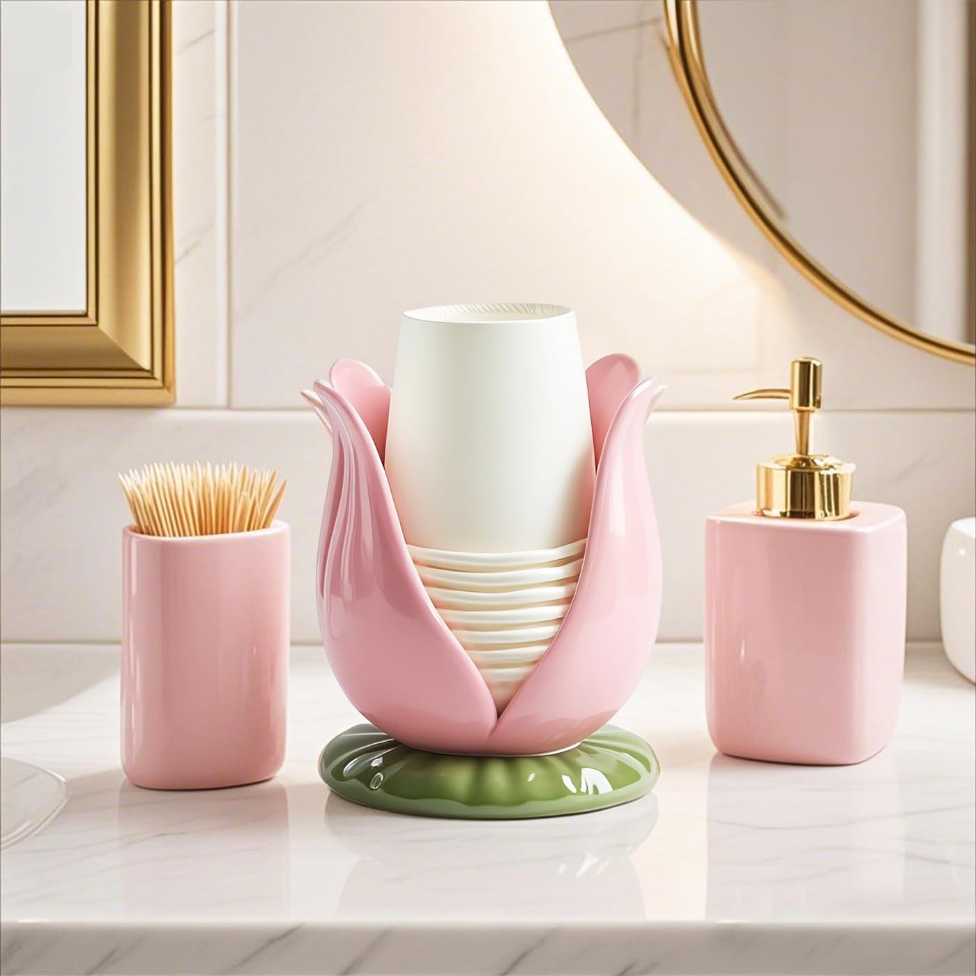 SOCOSY Ceramiczny tulipan dozownik kubków łazienkowych, ceramiczny uchwyt na kubek papierowy do płukania ust Dixie kubki do kuchni łazienki
