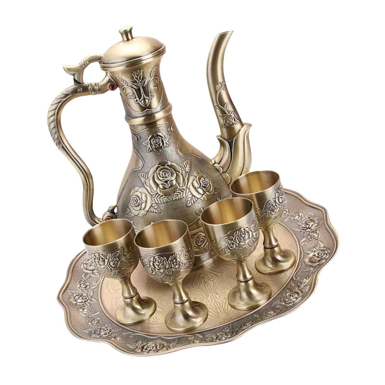 Vino Vintage in Metallo Bronzo Antico con Caraffa Bicchieri e Vassoio Resistente Design Inciso Floreale per Casa Bar Feste ed Eventi Eleganti