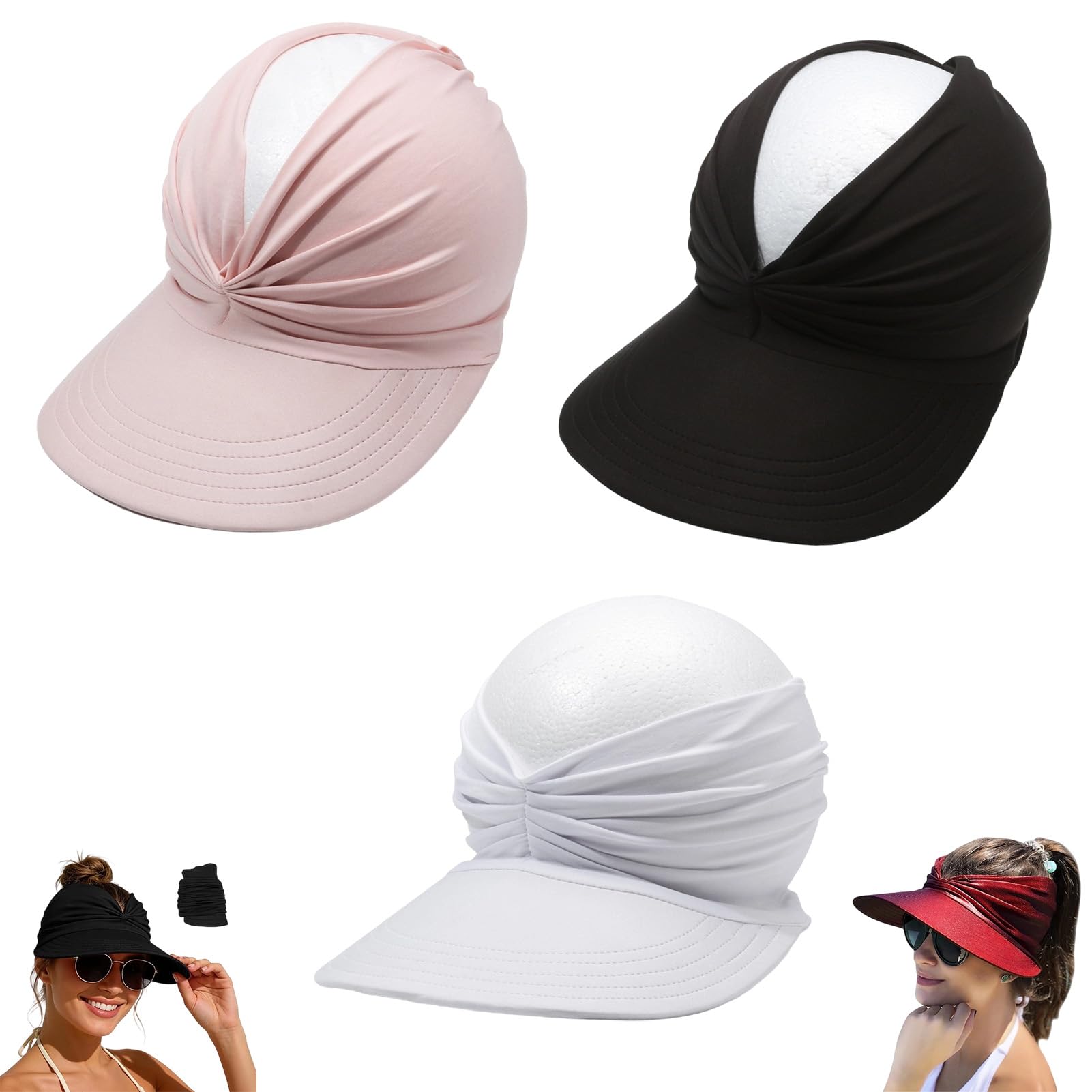 fjaldjfu Women's UPF 50+ UV Protection Sun Visor Hat, Wide Brim Quick Dry Foldable Summer Sun Hats, Beach Hats for Women (3pc-d)