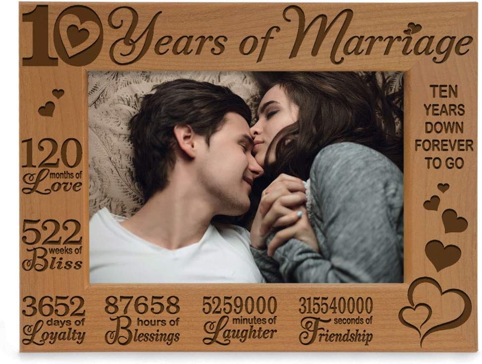 KATE POSH - Our 10th Wedding Anniversary Picture Frame, 10th, 10 Years Anniversary, 10 Years of Marriage, 120 Months of Love - Engraved Natural Wood Picture Frame (5x7-Horizontal)