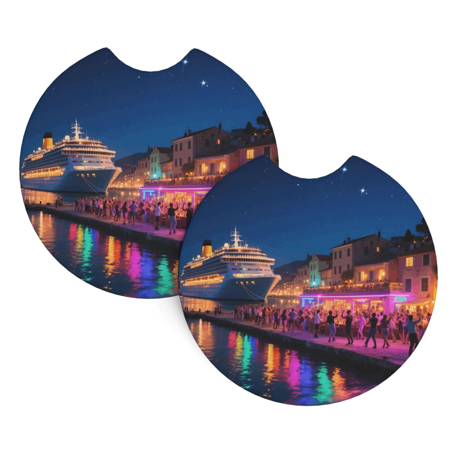 2 Pack Car Coaster for Cup Holders Seaside Town Car Cup Coaster 2.7" Neoprene Non-Slip Automotive Cup Mat Universal Auto Car Interior Accessories for Women Men Cup Pad