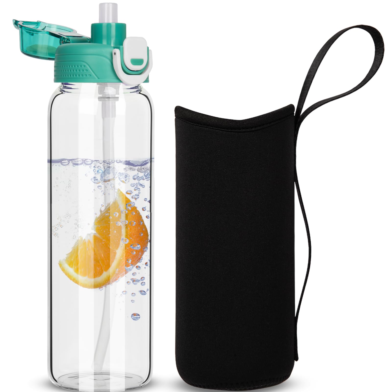 DEARRAY 800ml Glass Water Bottle with Straw & Neoprene Sleeve 0.8l BPA free Glass Drinking Bottle Leakproof