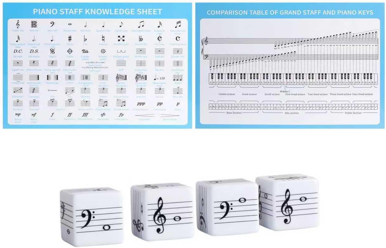 Piano Theory Chart and Large 25mm Music Theory Dice for Beginner Learner Learning Music, Educational Game for Quick Memorization & Fun Learning (4pcs Dice and Piano Theory Chart)