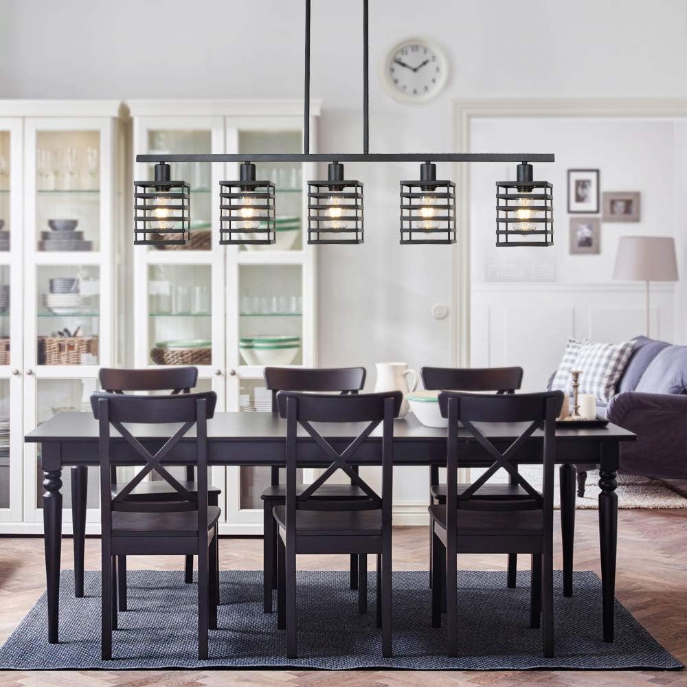 Gеt Dіѕсоunt 70% Prісе Banato 5-Lights Island Light Linear Kitchen Light fixtures Black Rustic Dining Room Lighting Ceiling Pendant Lights Contemporary Chandeliers with Metal Cage Shades