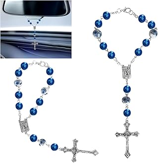 smilfuy 2PCS Car Rosary for Rearview Mirror, Catholic Blue Ceramic Beads Car Interior Rear View Mirror Charm Auto Decors, Car Medal and Cross Hanging Accessories for Women Men (Ceramic)
