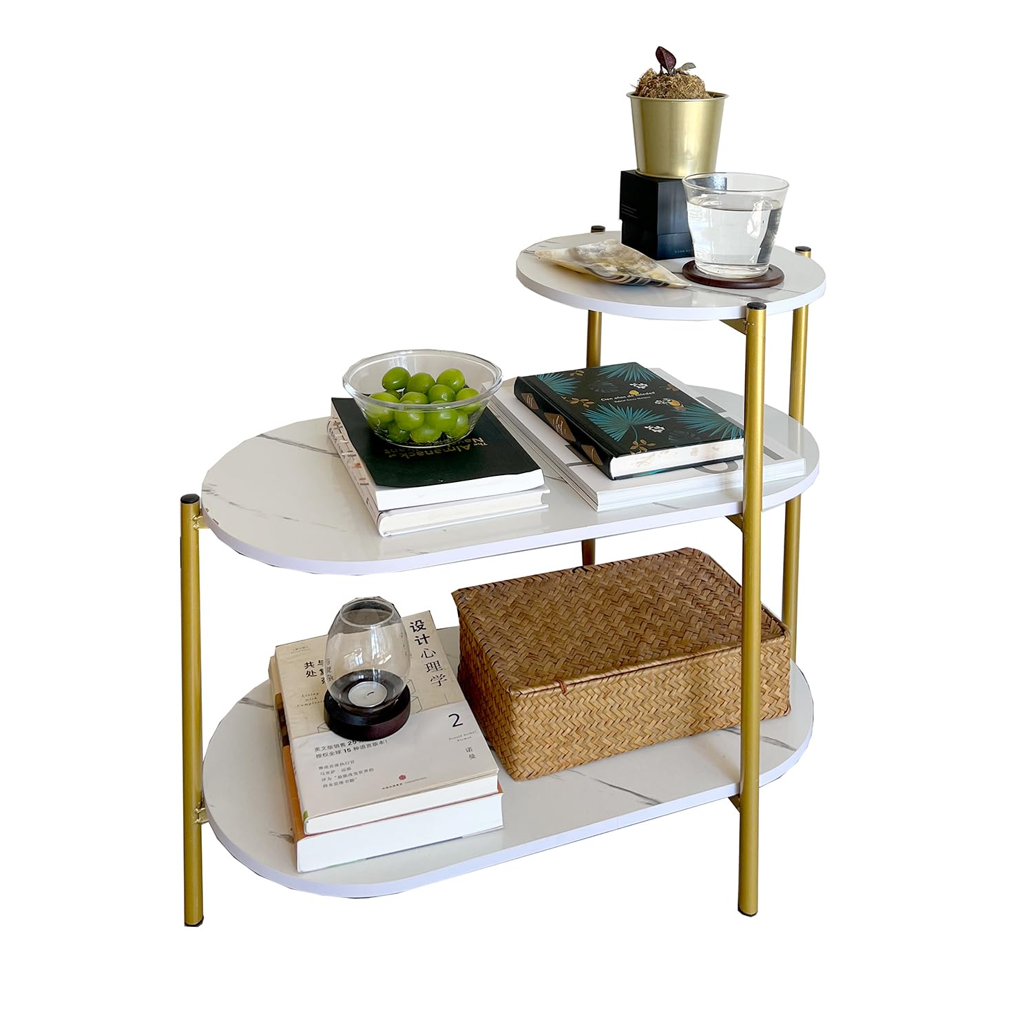 TARKAN Living Room End Table, 3 Tier Sofa-Side Wooden Table Marble Finish with Metal Frame (White/Gold)-picture-21