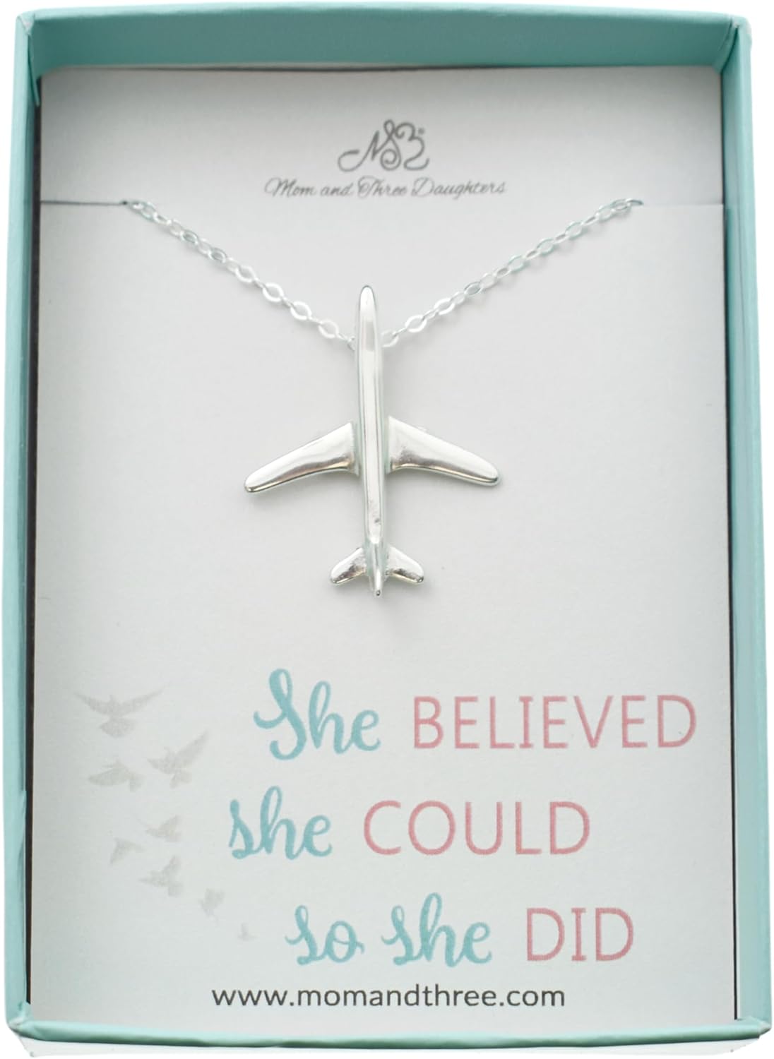MOM & THREE DAUGHTERS Jet Plane Charm Pendant In Sterling Silver | 18" Cable Chain | Gift for Pilot, Flight Attendant, First Officer |